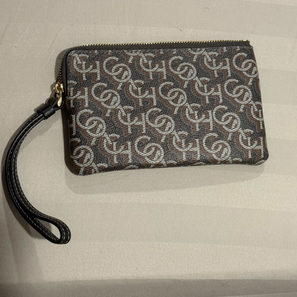 Coach Corner Zip Wristlet With Monogram Print Black CF548